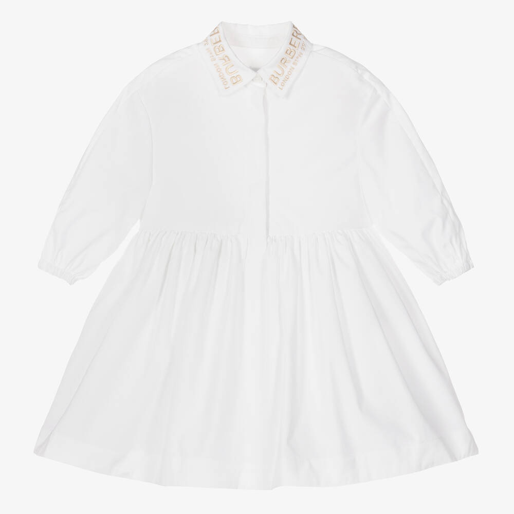 Burberry - فستان قميص قطن بوبلين لون أبيض للمولودات | Childrensalon