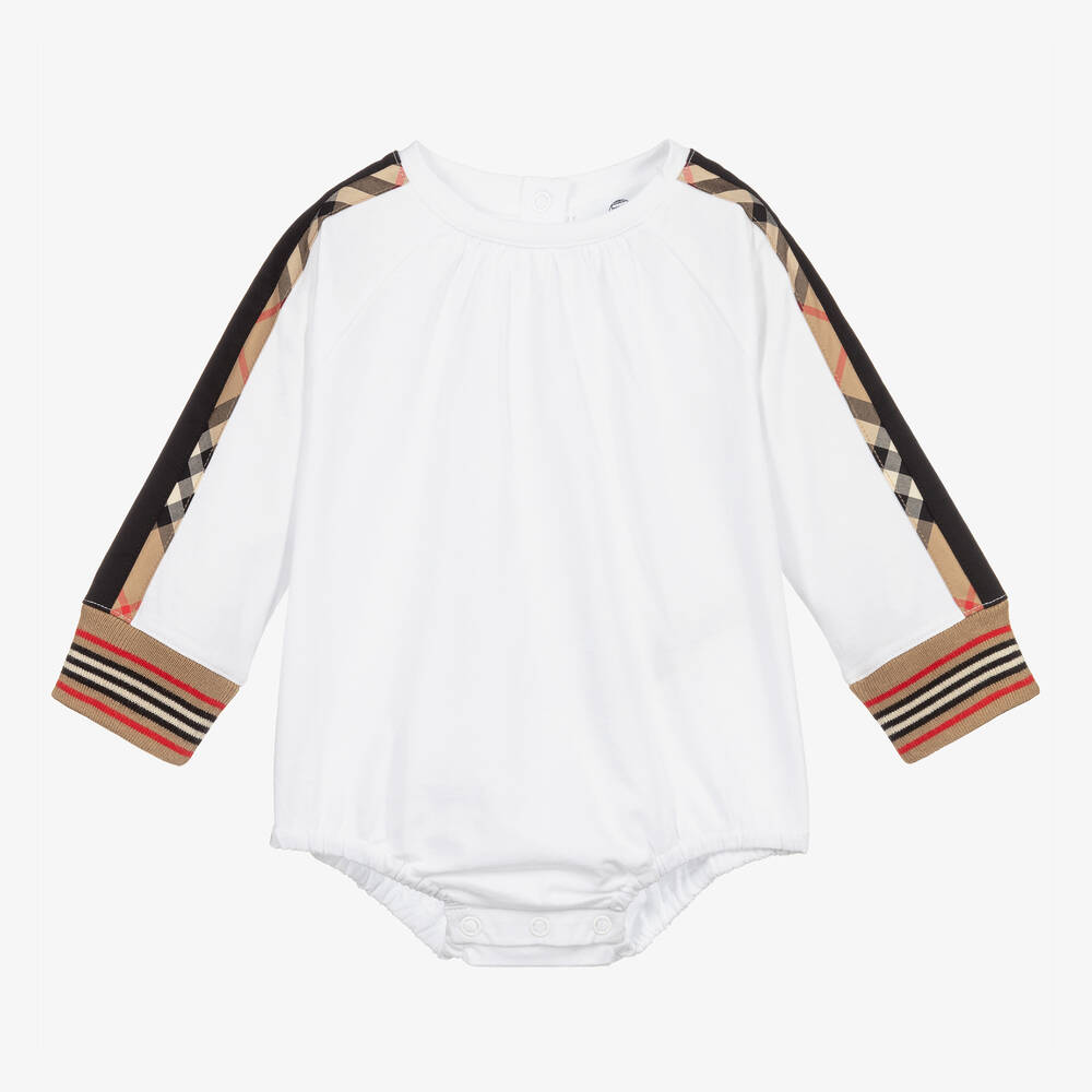Burberry - Baby White & Beige Cotton Bodysuit | Childrensalon