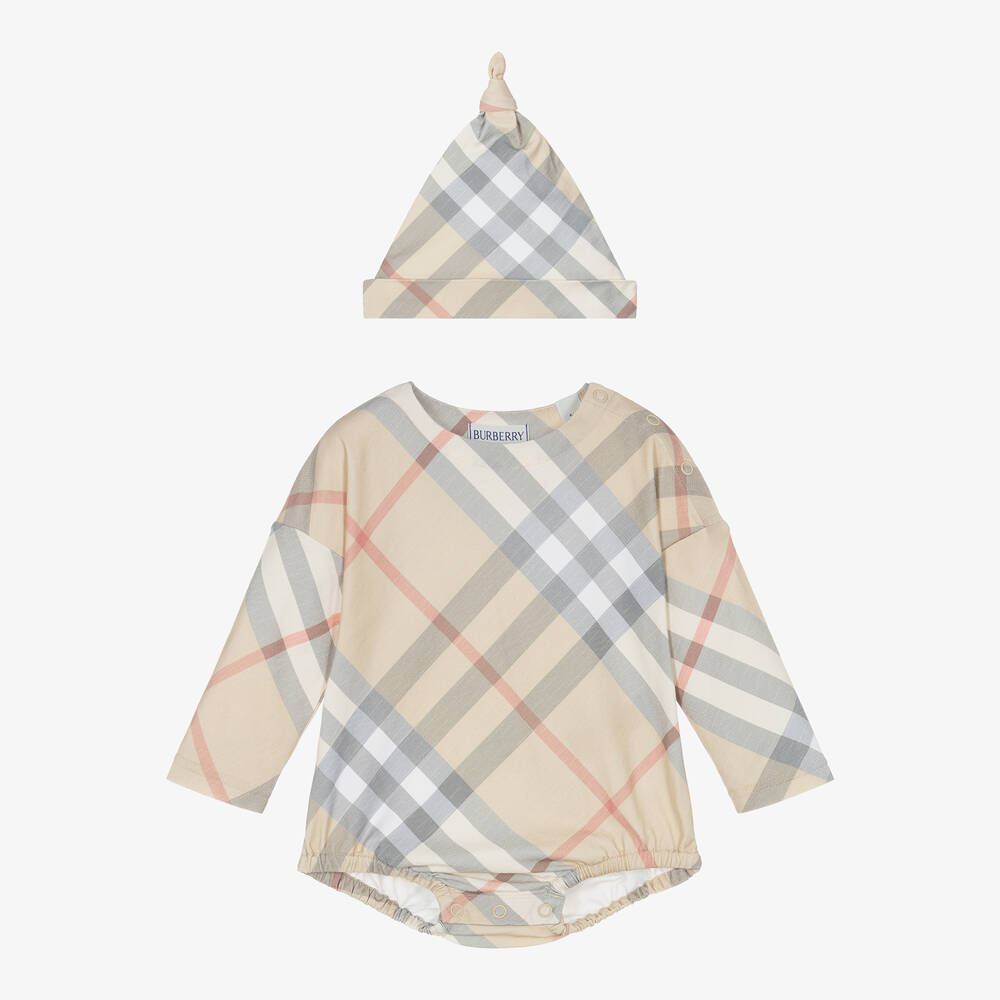 Burberry - Ensemble combishort et bonnet en coton beige à carreaux bébé | Childrensalon