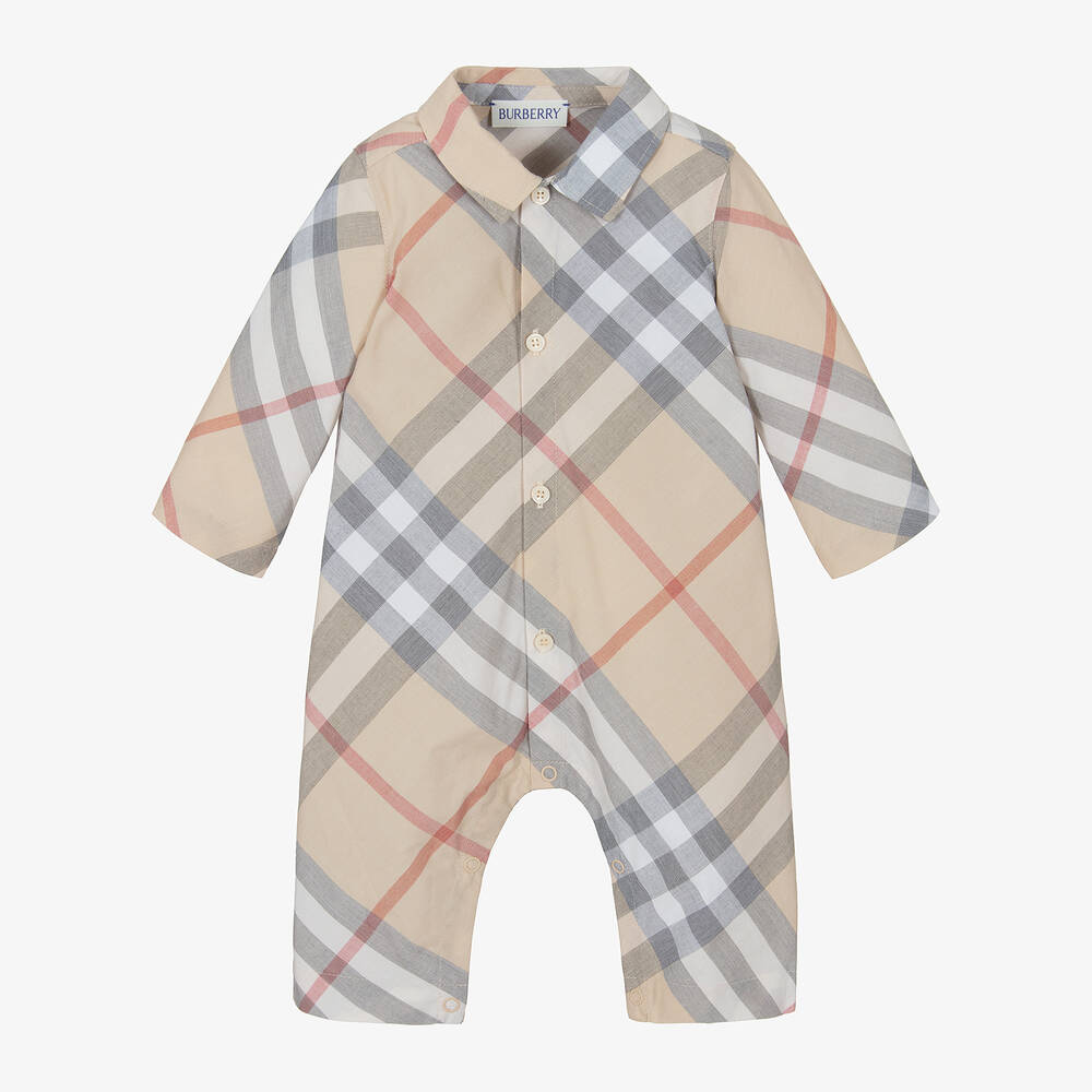 Burberry - Beige Check Cotton Romper  | Childrensalon