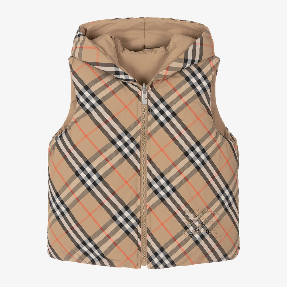 Burberry Babies' Beige Check Reversible Down Gilet In Neutral
