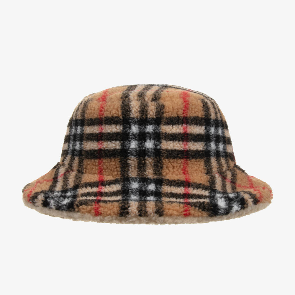 Burberry - Beige Check Reversible Fleece Bucket Hat | Childrensalon