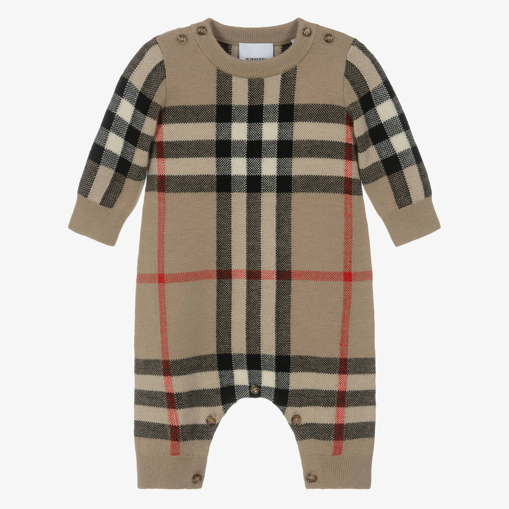 Burberry - Beige Check Wool & Cashmere Baby Romper | Childrensalon
