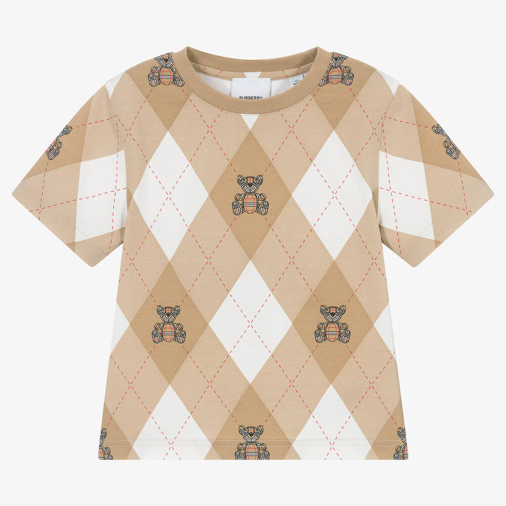 Burberry - Beige Cotton Argyle Check T-Shirt | Childrensalon