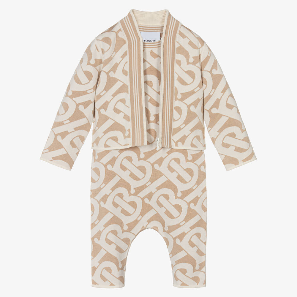 Burberry Beige Monogram Baby Romper Gift Set In Ivory