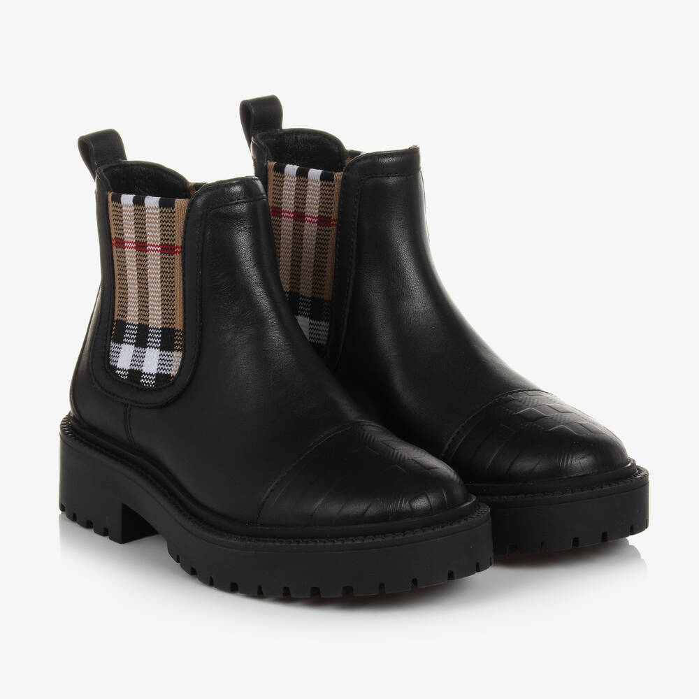 Burberry - Черные ботинки челки в бежевую ретроклетку | Childrensalon