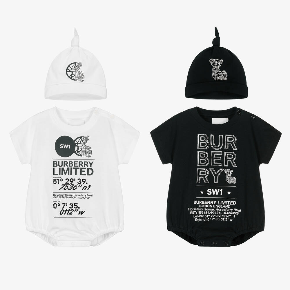 Burberry -  تبان وقبعة قطن عضوي لون أبيض وأسود للأطفال | Childrensalon
