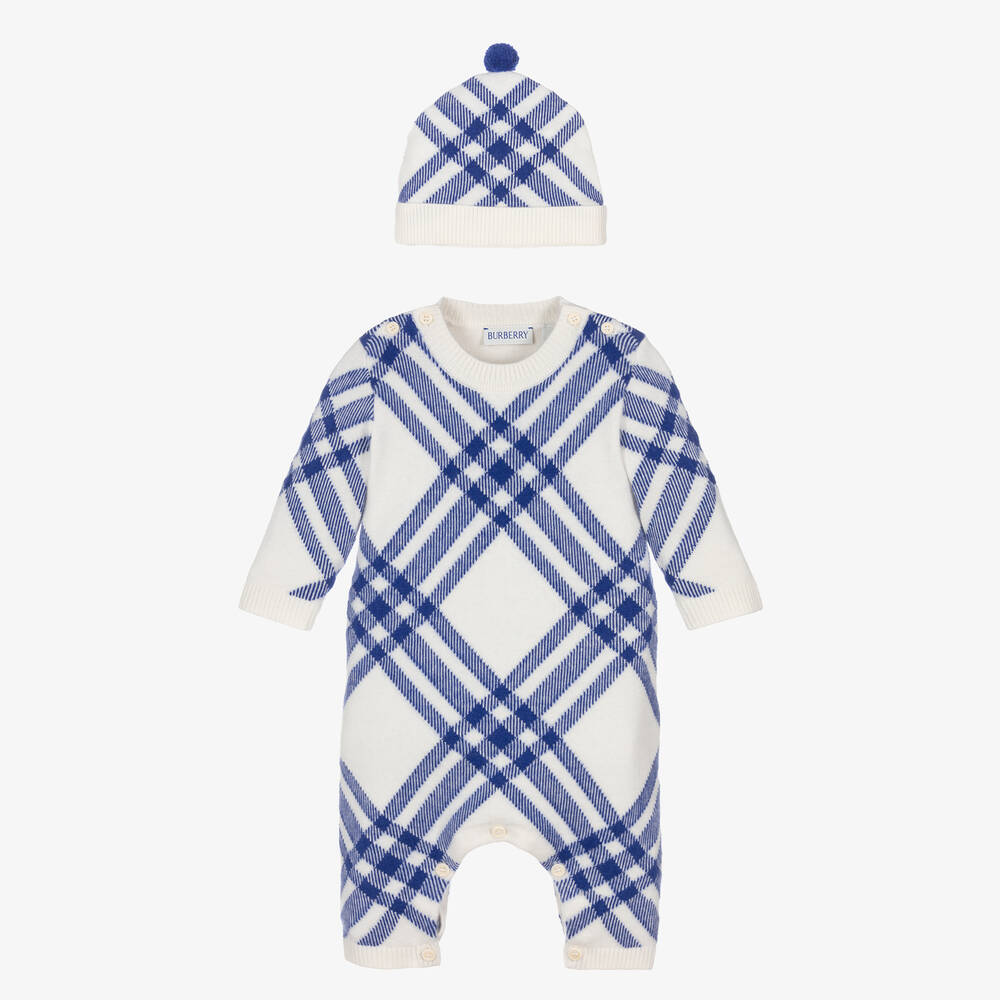 Burberry - Blue Check Wool & Cashmere Babysuit Set | Childrensalon