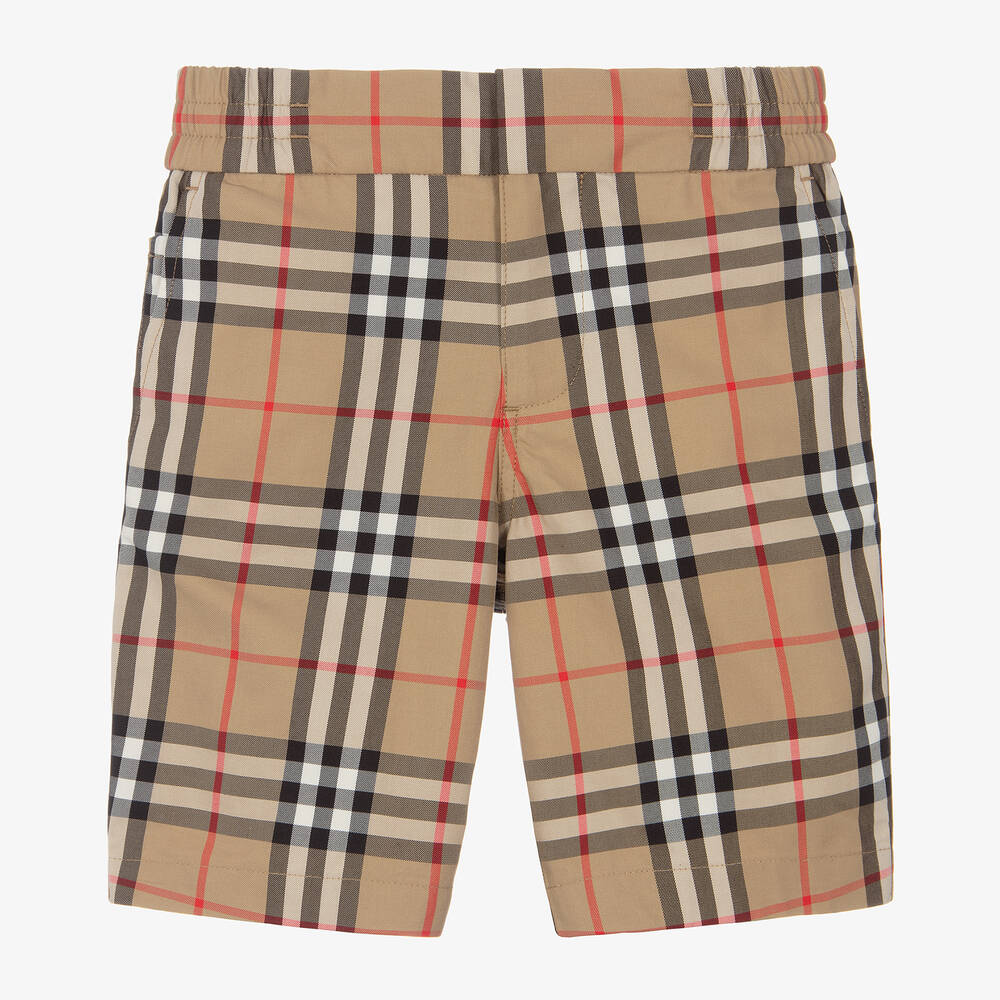 Shop Burberry Boys Beige Check Cotton Shorts