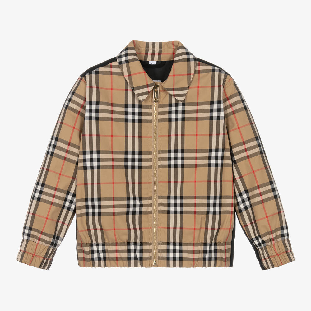 Burberry - Boys Beige Cotton Check Zip-Up Jacket | Childrensalon