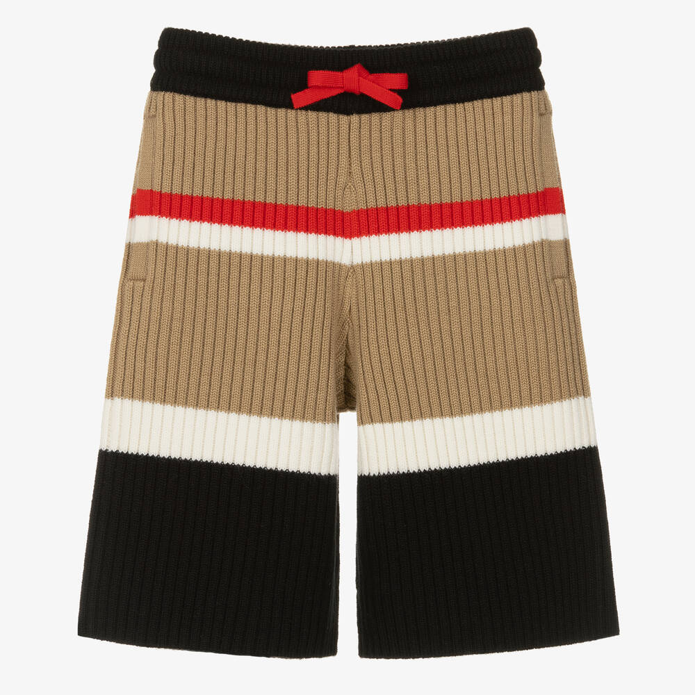 Shop Burberry Boys Beige Icon Stripe Wool Knit Shorts
