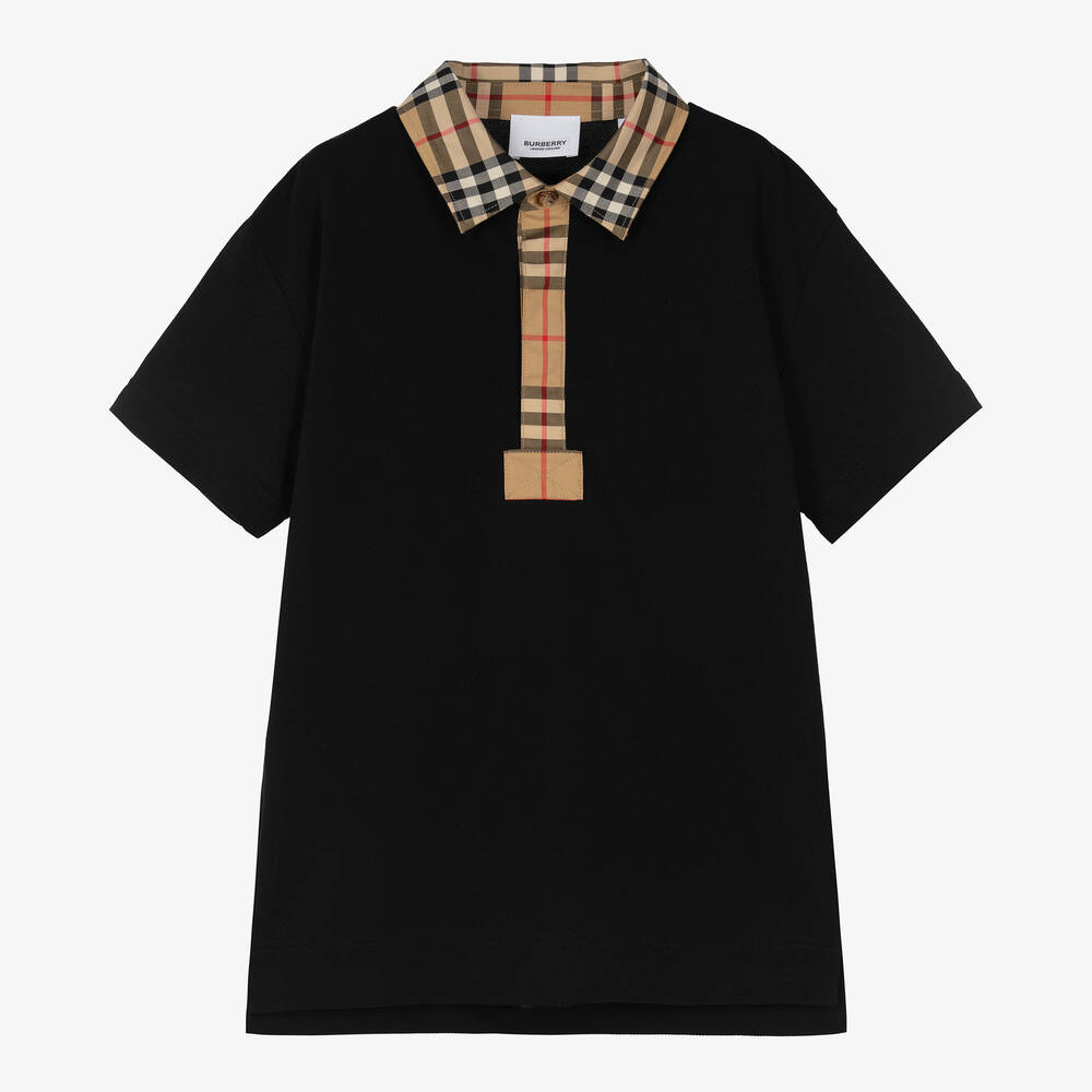 Burberry - Polo noir en coton à carreaux | Childrensalon