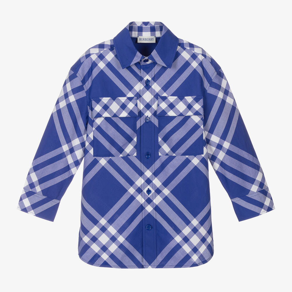 Burberry - قميص قطن كاروهات لون أزرق للأولاد | Childrensalon