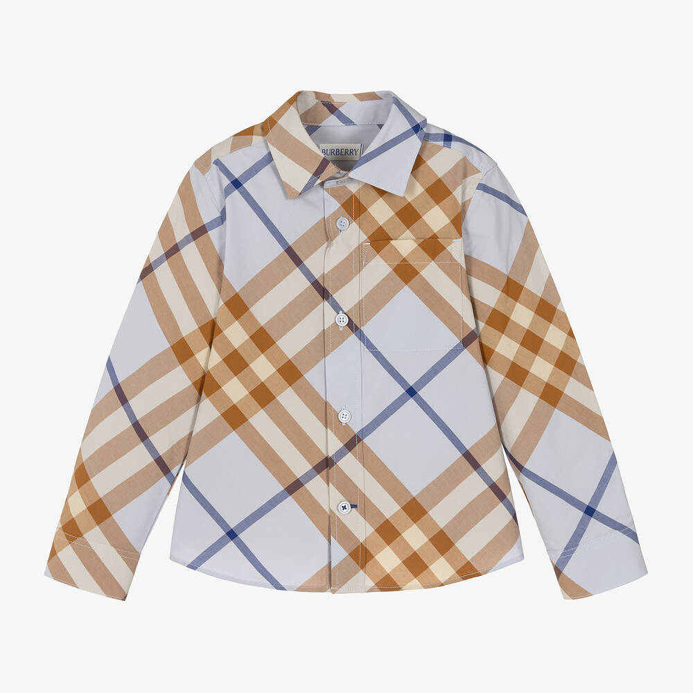 Burberry - Boys Blue Check Cotton Shirt | Childrensalon