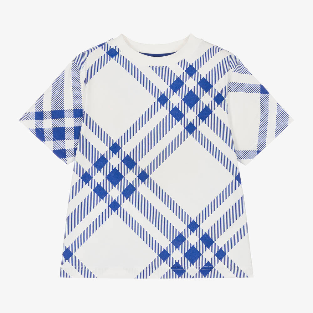Burberry - Boys Blue Check Cotton T-Shirt | Childrensalon