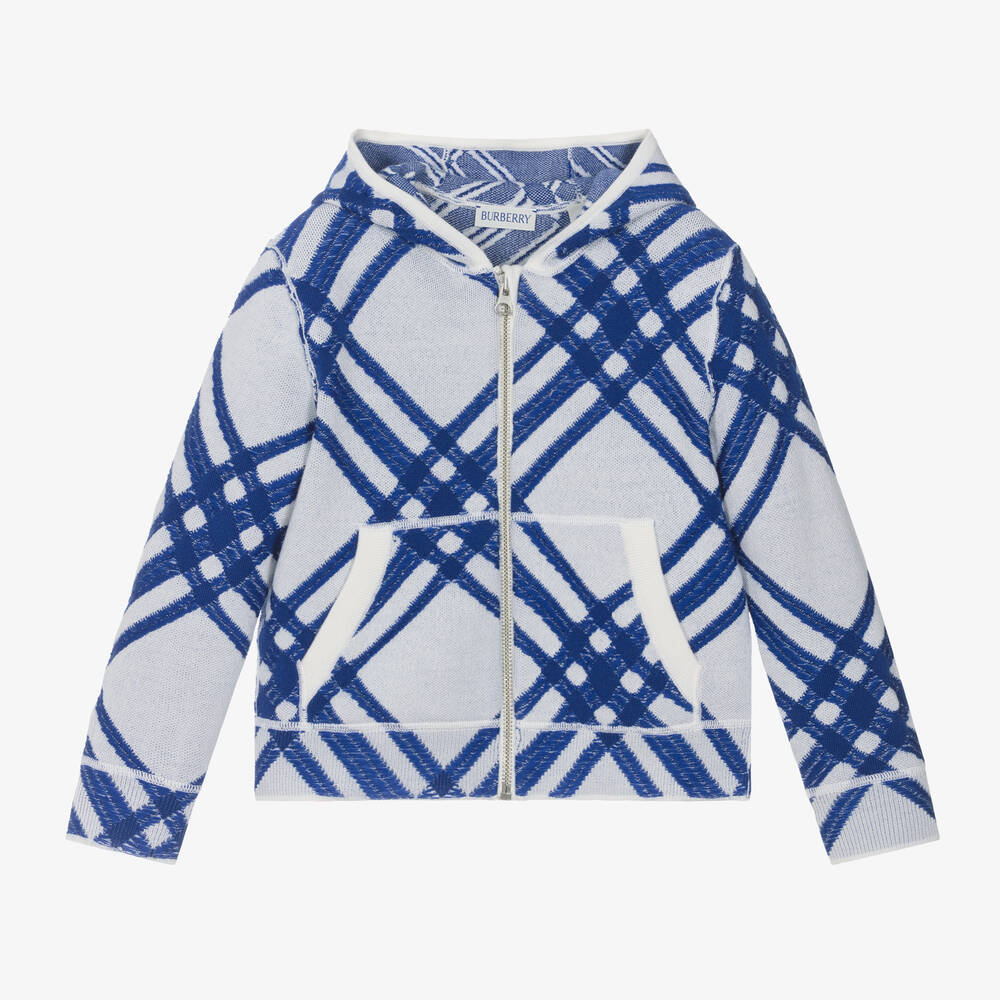 Burberry - Boys Blue Check Wool Zip-Up Hoodie | Childrensalon