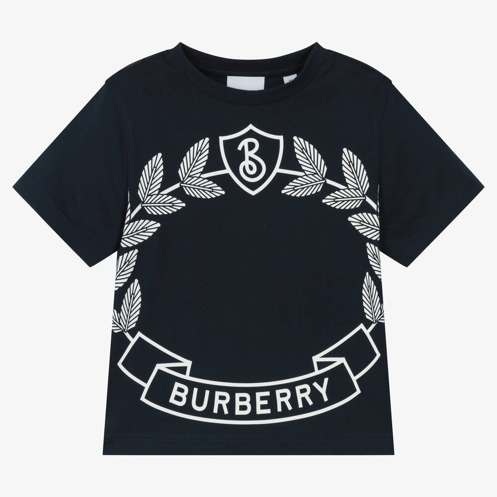 Burberry - Boys Blue Cotton Oak Leaf Crest T-Shirt | Childrensalon