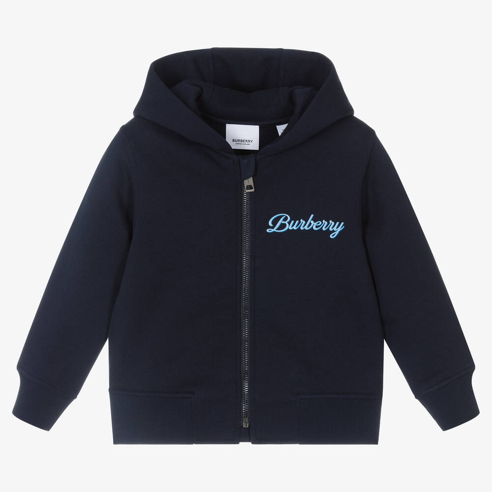 Burberry - Boys Blue Logo Zip-Up Hoodie | Childrensalon