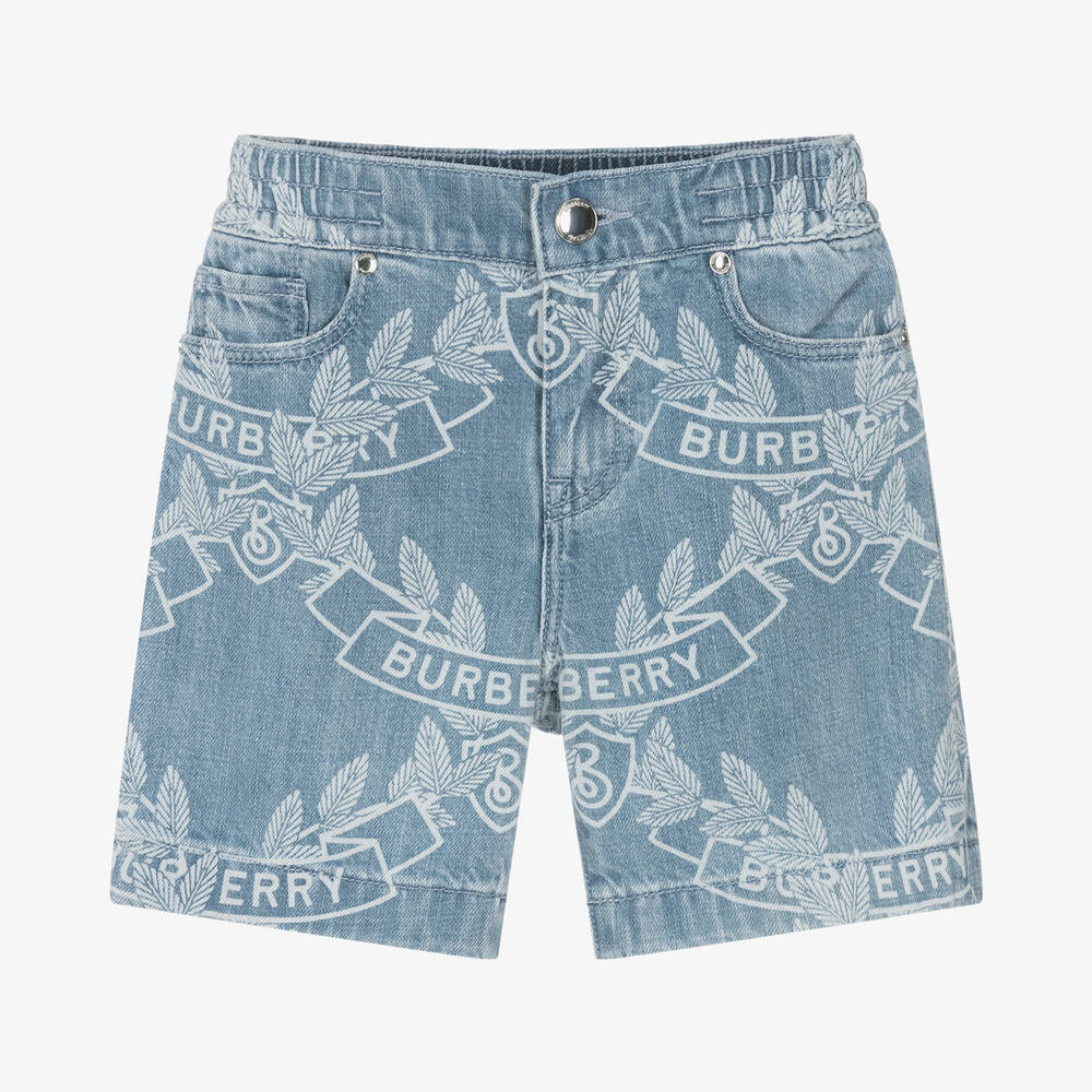 Shop Burberry Boys Blue Oak Leaf Crest Shorts