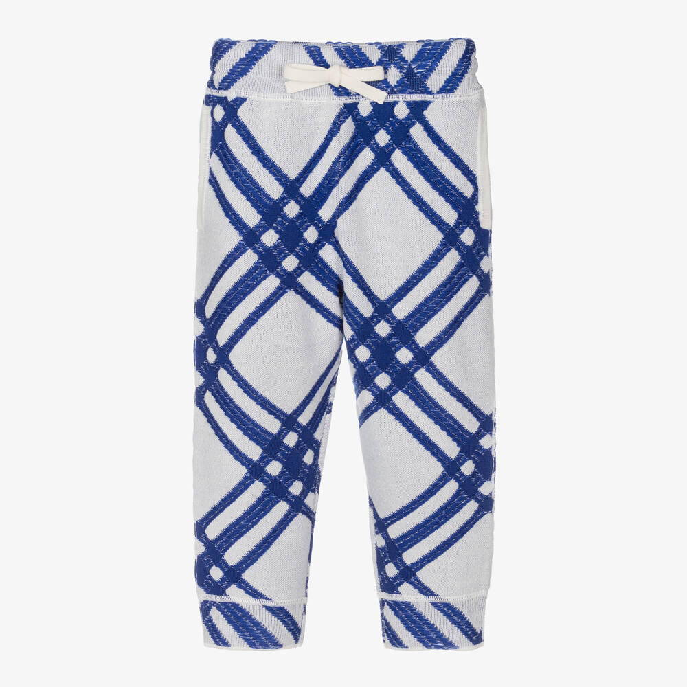 Burberry - Boys Blue & White Check Wool Joggers | Childrensalon