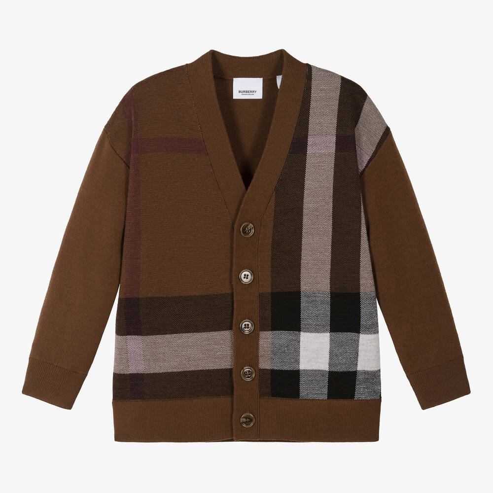 Burberry - Boys Brown Checked Wool Cardigan | Childrensalon