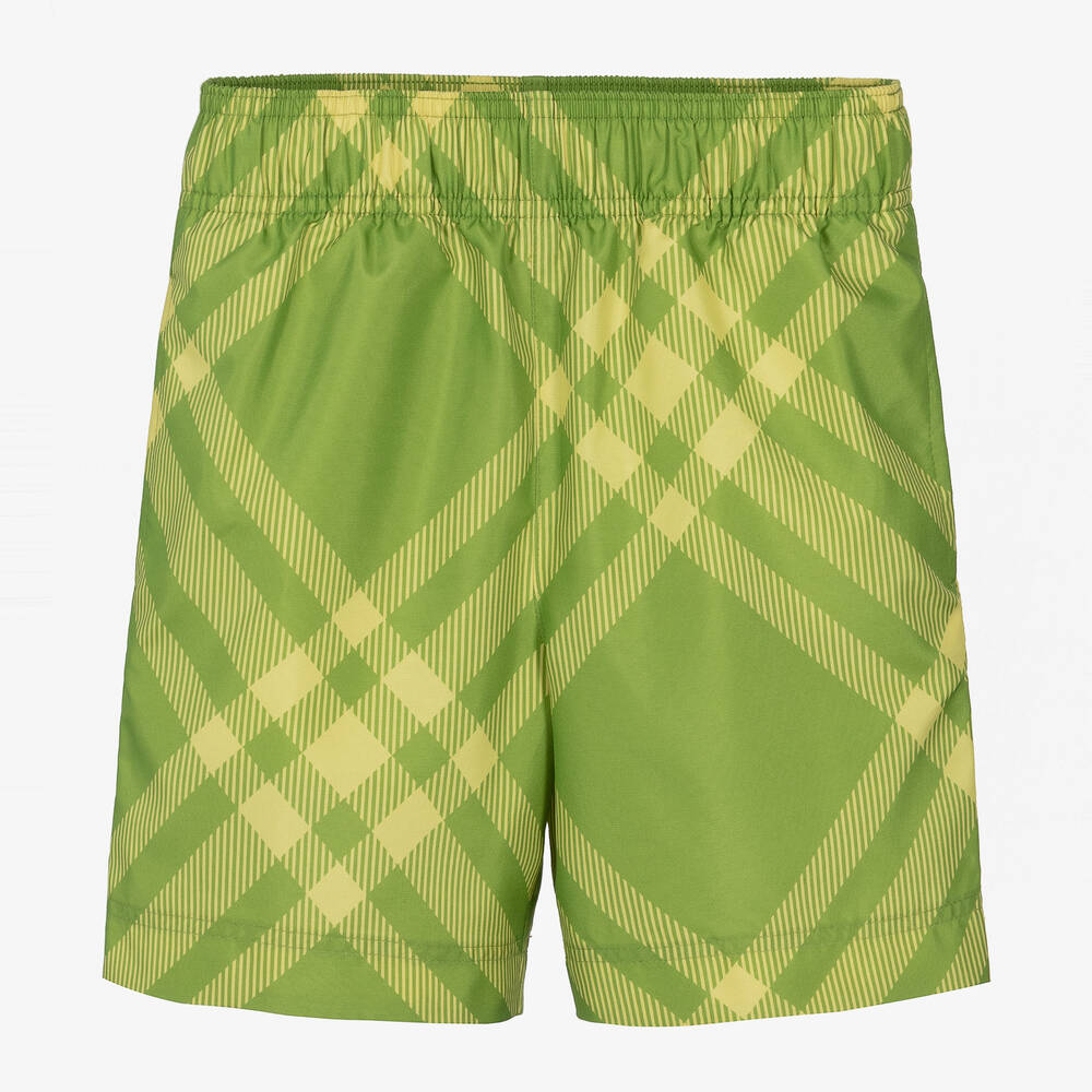 Shop Burberry Boys Green Check Swim Shorts