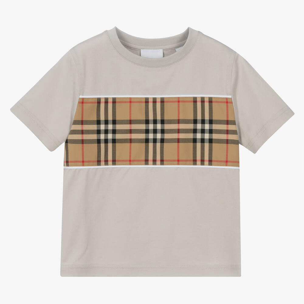 Burberry - Boys Grey & Beige Check T-Shirt | Childrensalon