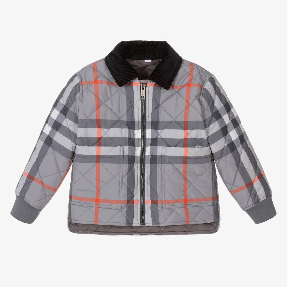Burberry - Boys Grey Oversized Check Quilted Jacket | Childrensalon
