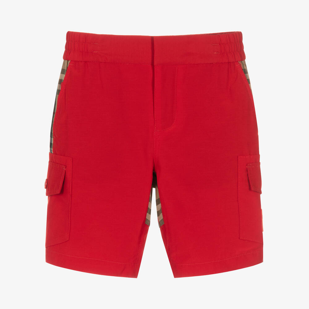 Burberry - Boys Red & Beige Check Cargo Shorts | Childrensalon