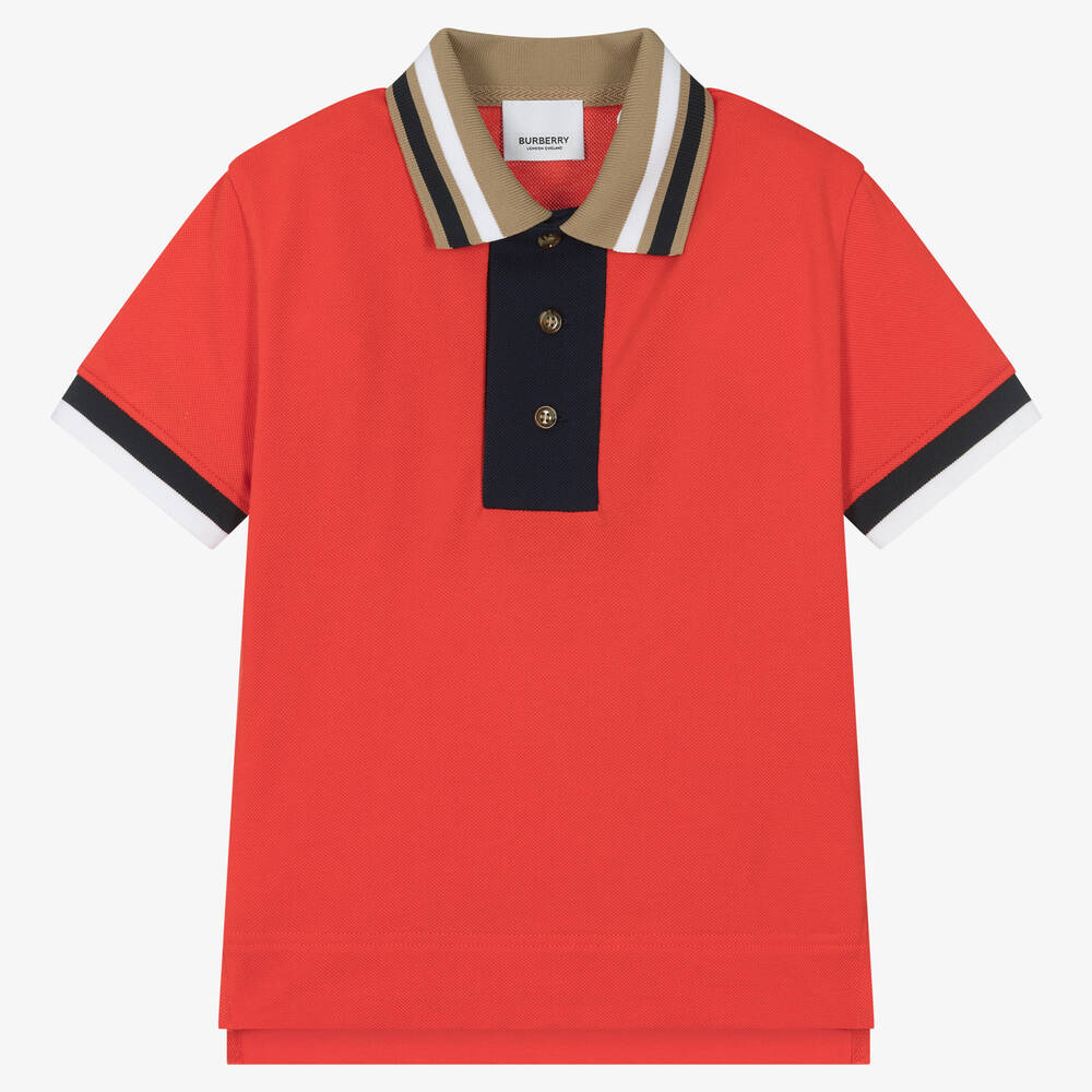 Burberry - Boys Red Cotton Varsity Polo Shirt | Childrensalon
