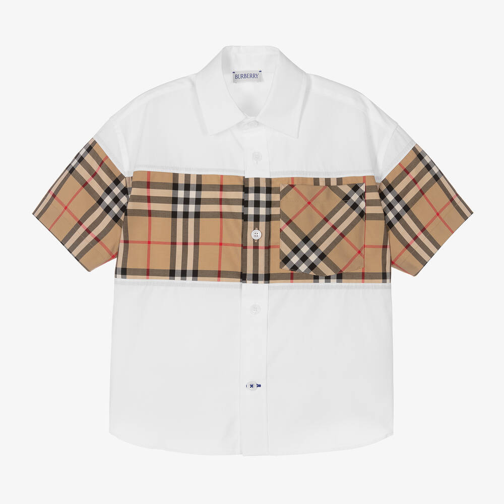 Burberry - Бело-бежевая рубашка из хлопка для мальчиков | Childrensalon