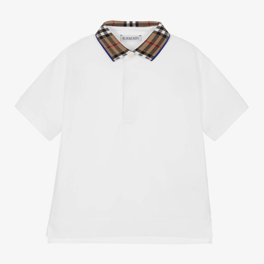Burberry - Boys White Check Polo Shirt | Childrensalon