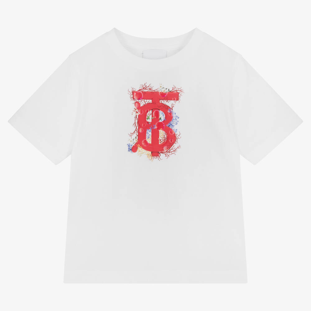 Burberry - Boys White Cotton Monogram T-Shirt | Childrensalon