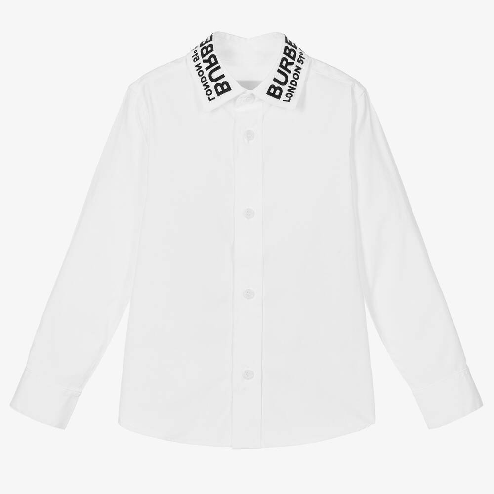 Burberry - قميص قطن بوبلين لون أبيض للأولاد | Childrensalon