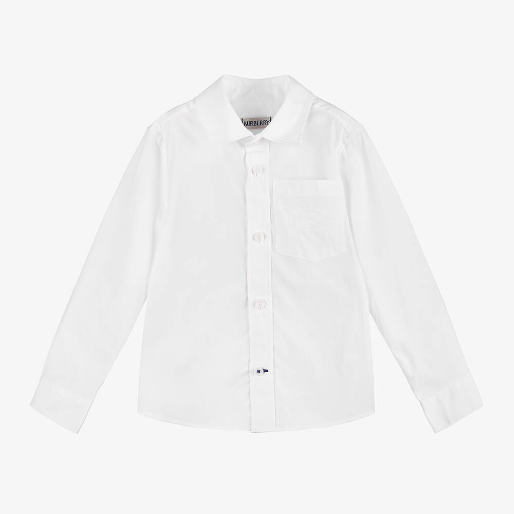 Burberry - قميص قطن عضوي بوبلين لون أبيض للأولاد | Childrensalon