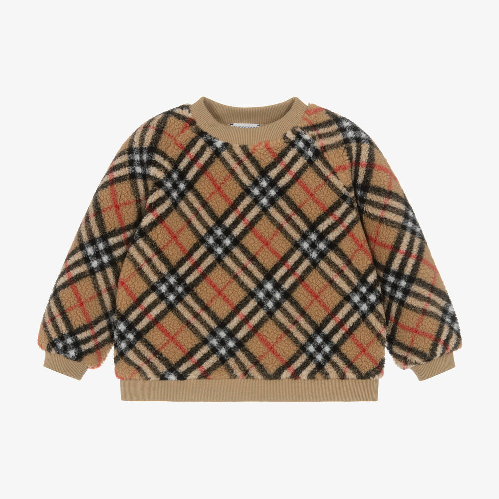 Burberry - Girls Beige Check Fleece Sweatshirt | Childrensalon