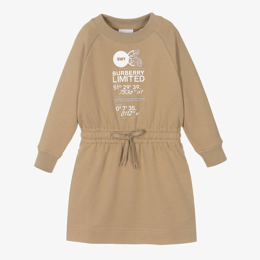 Burberry - Girls Beige Cotton Logo Dress | Childrensalon