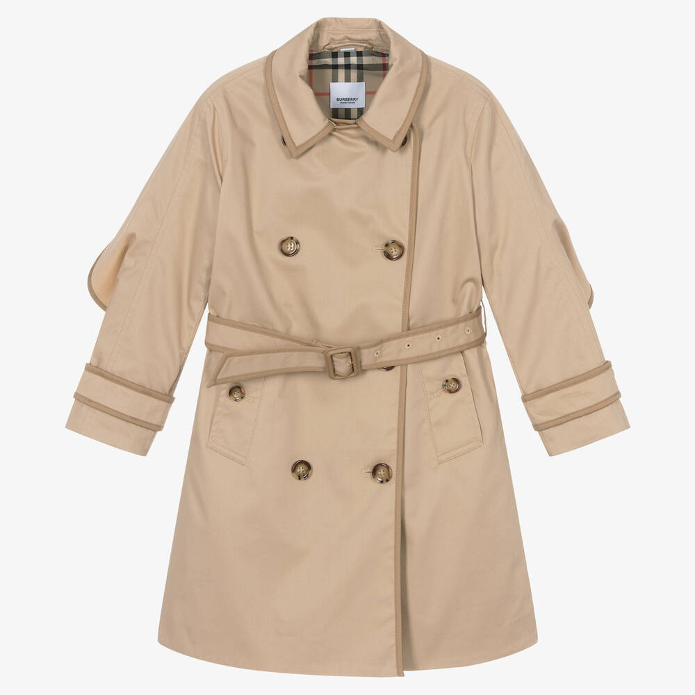 Shop Burberry Girls Beige Cotton Twill Trench Coat