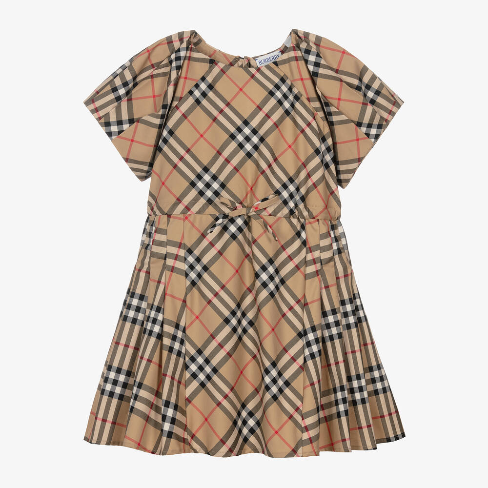 Burberry - Girls Beige Cotton Vintage Check Bow Dress | Childrensalon