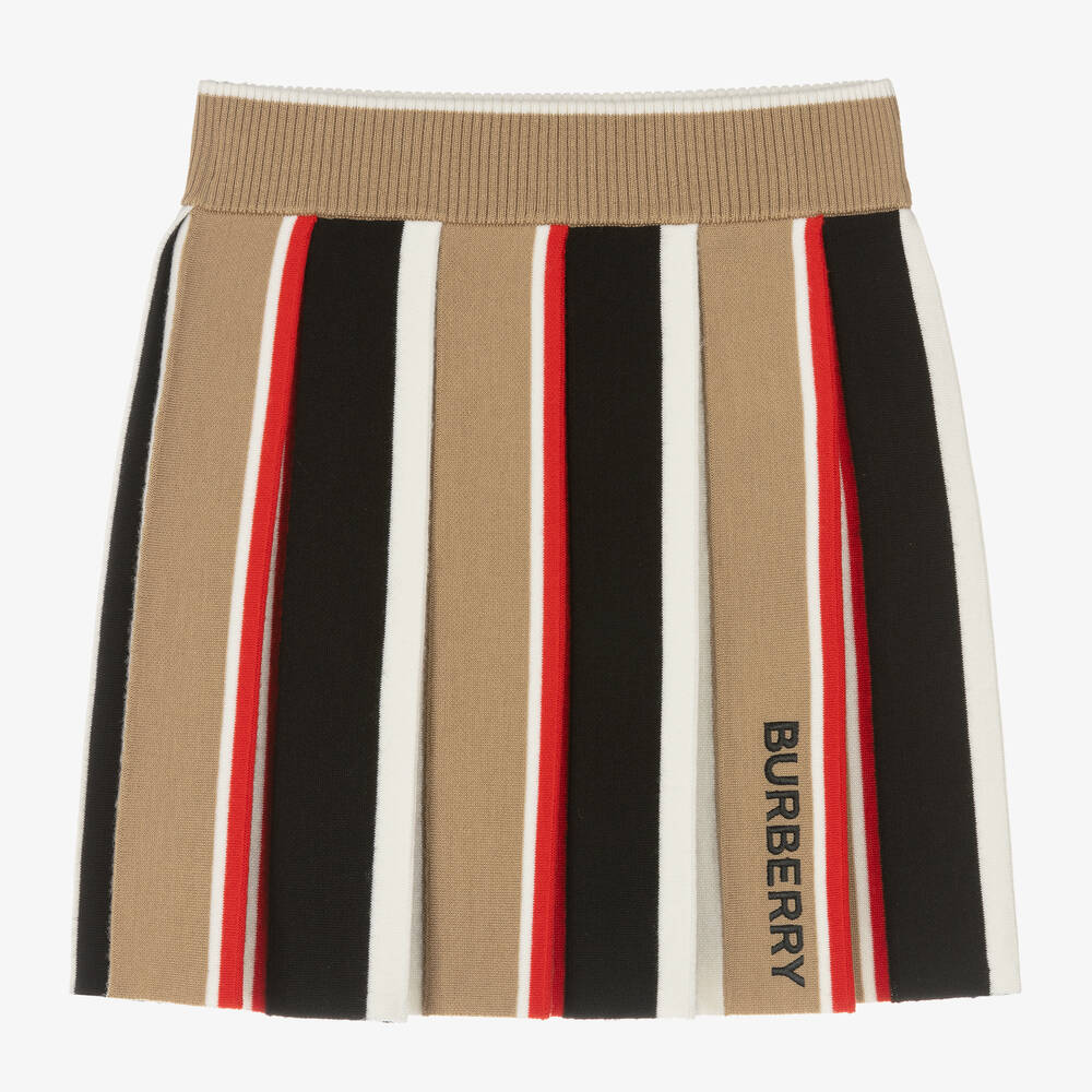 Shop Burberry Girls Beige Icon Stripe Wool Knit Skirt