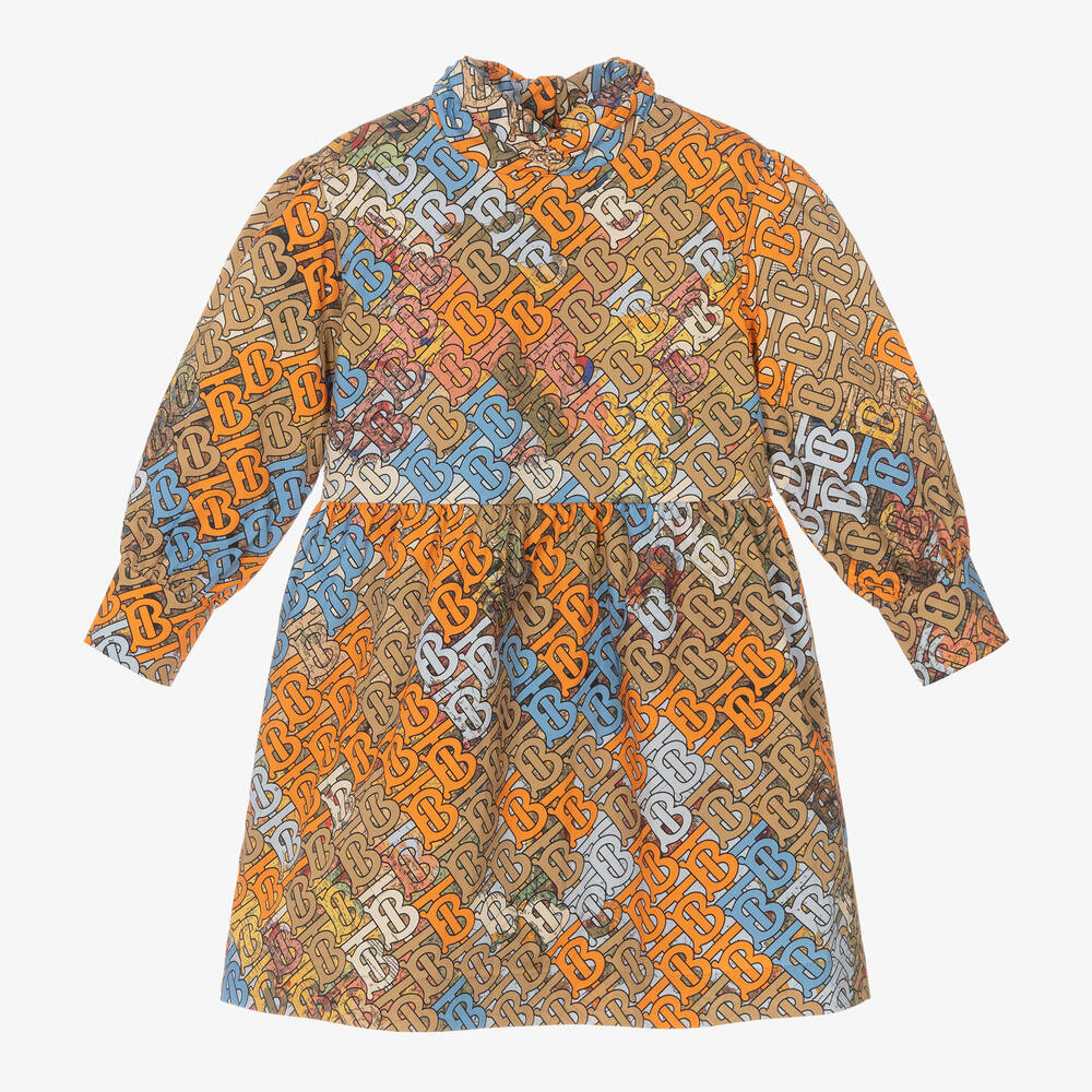 Burberry - فستان قطن لون بيج وبرتقالي | Childrensalon