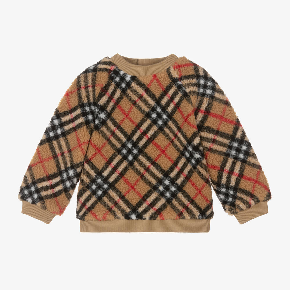 Shop Burberry Girls Beige Vintage Check Fleece Sweatshirt