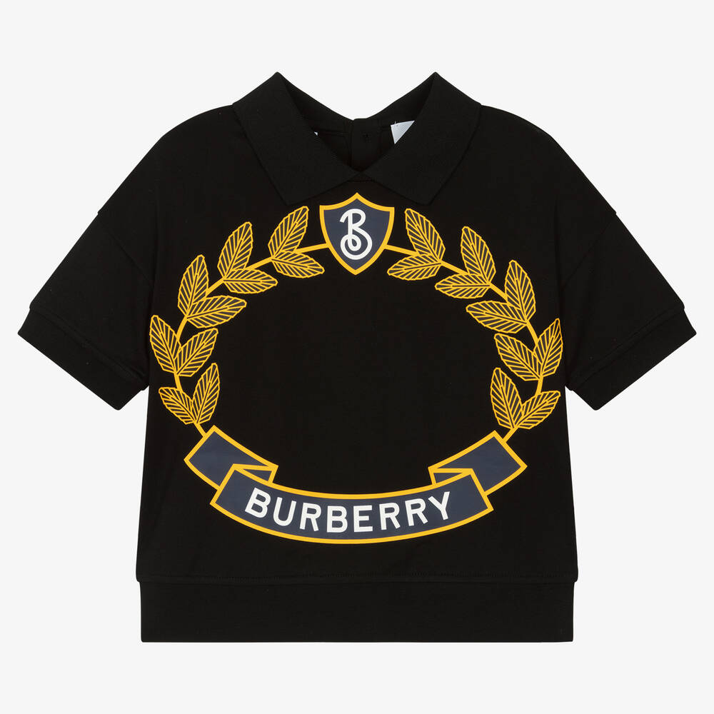 Burberry - Girls Black Oak Leaf Crest Polo Shirt | Childrensalon