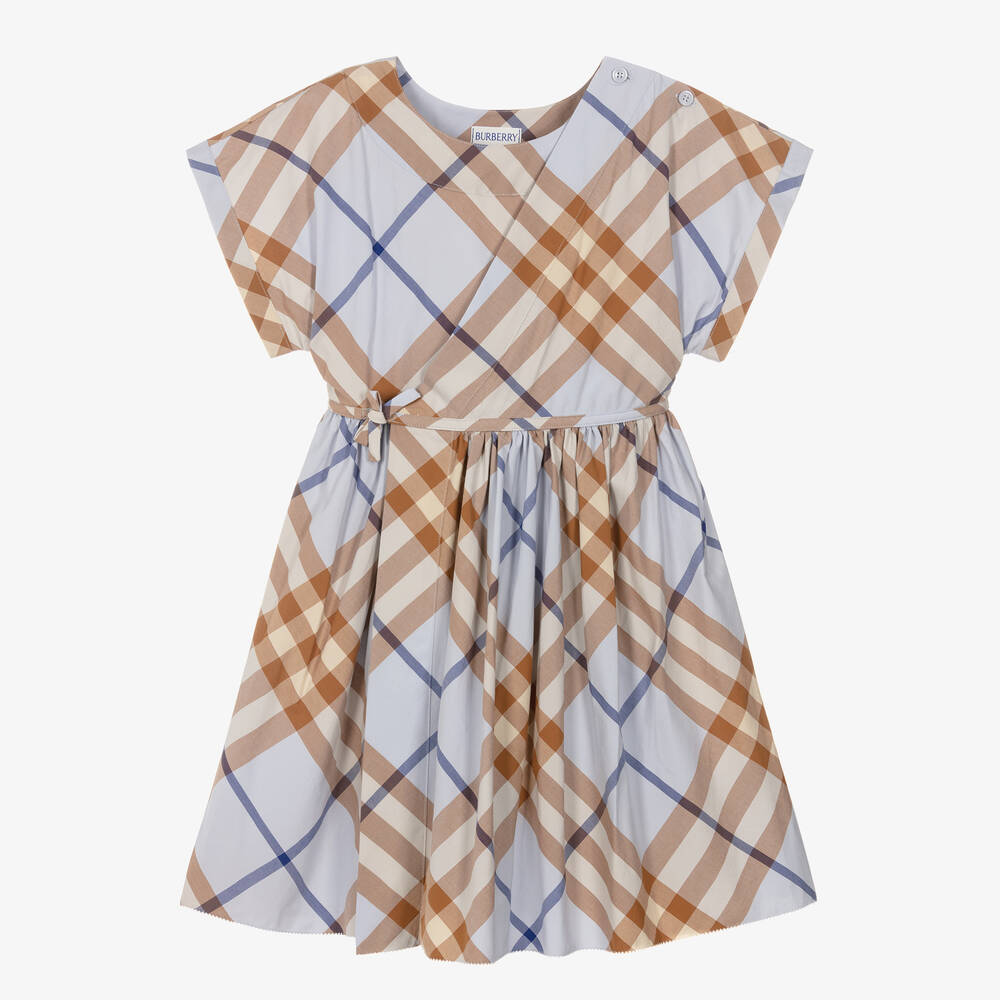 Burberry - Girls Blue & Beige Cotton Check Dress | Childrensalon