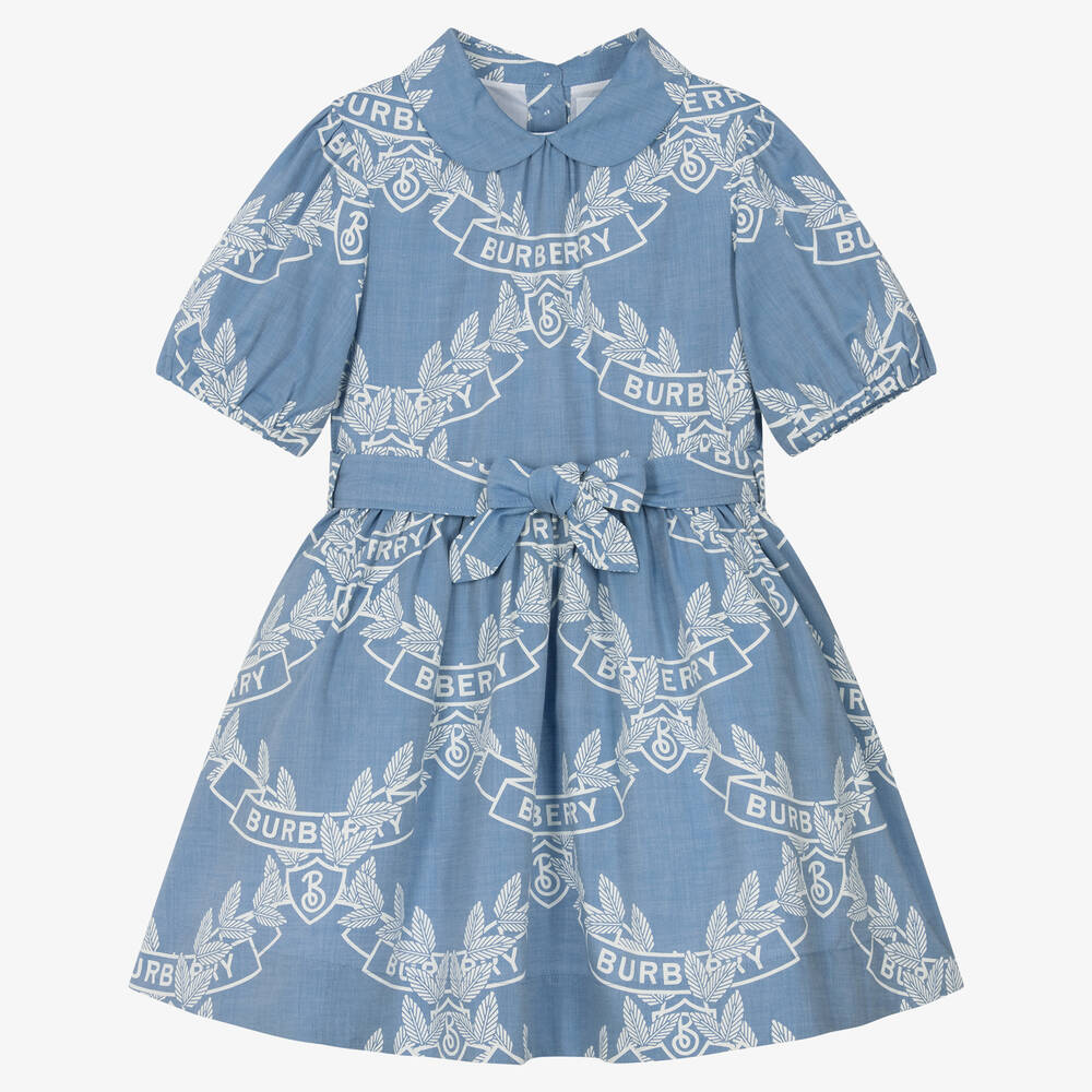 Burberry - Girls Blue Chambray Oak Leaf Crest Dress | Childrensalon