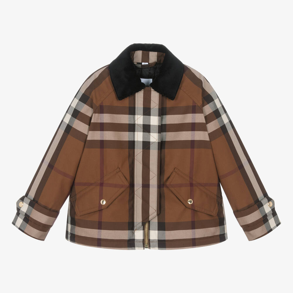 Shop Burberry Girls Brown Oversized Check Jacket