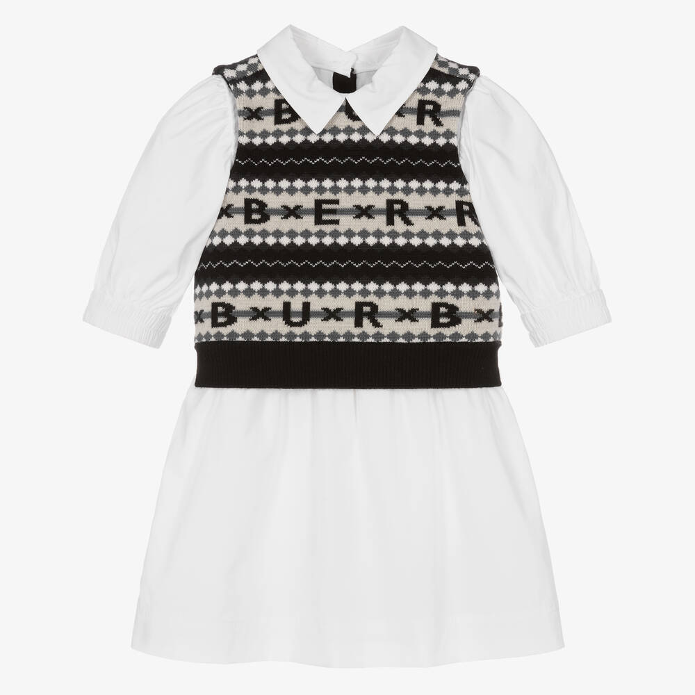 Burberry - فستان قميص قطن بوبلين وصوف محبوك لون أبيض | Childrensalon