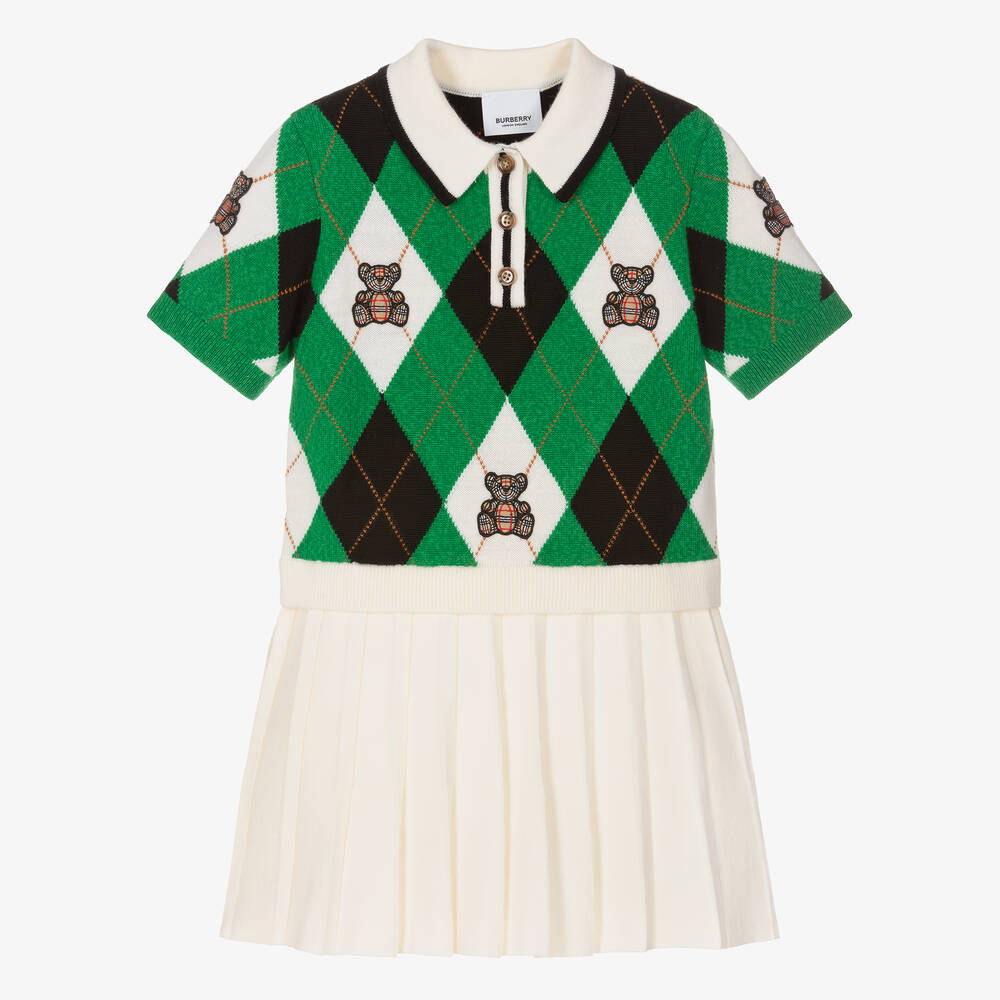 Burberry Kids' Girls Green & Ivory Wool & Cashmere Dress