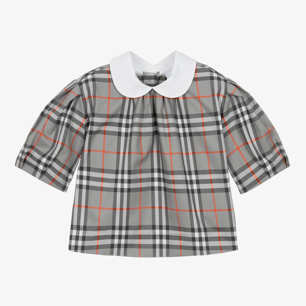 Burberry - Серая хлопковая блузка в клетку для девочек | Childrensalon
