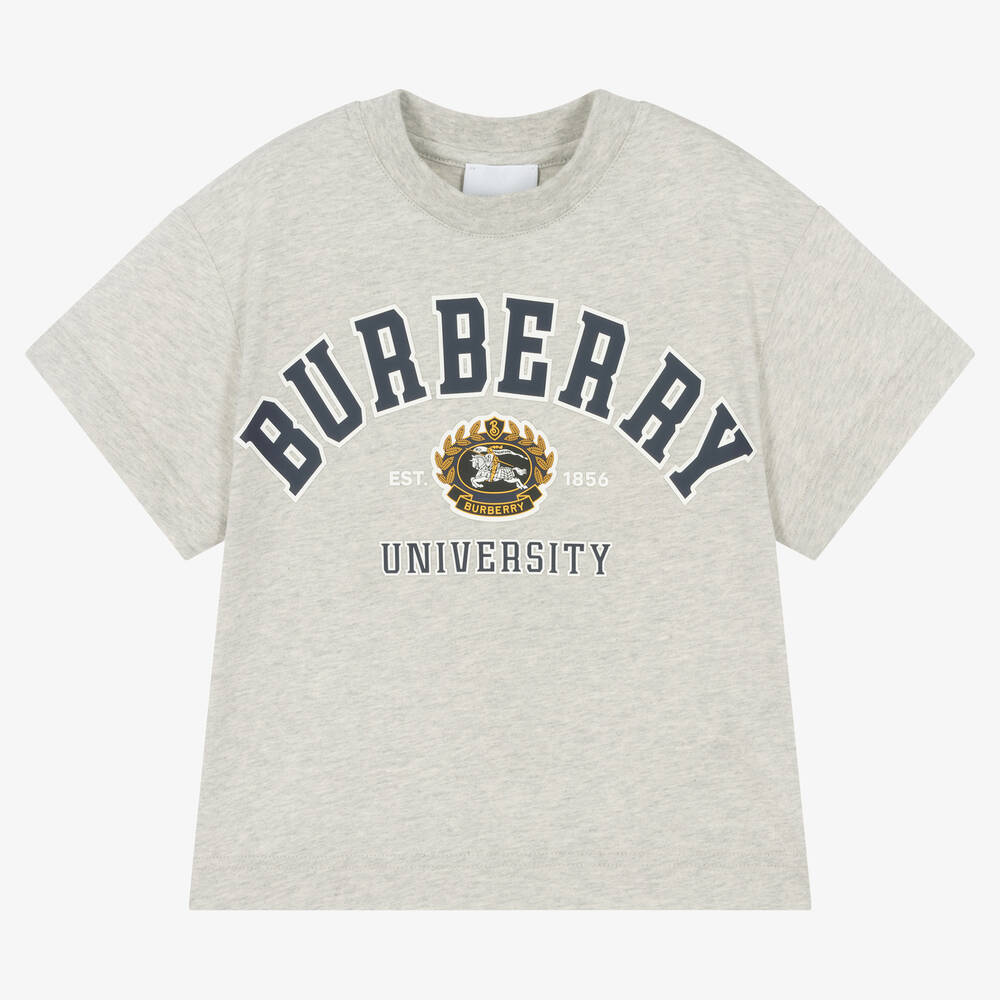 Burberry - تيشيرت قطن جيرسي لون رمادي للبنات | Childrensalon